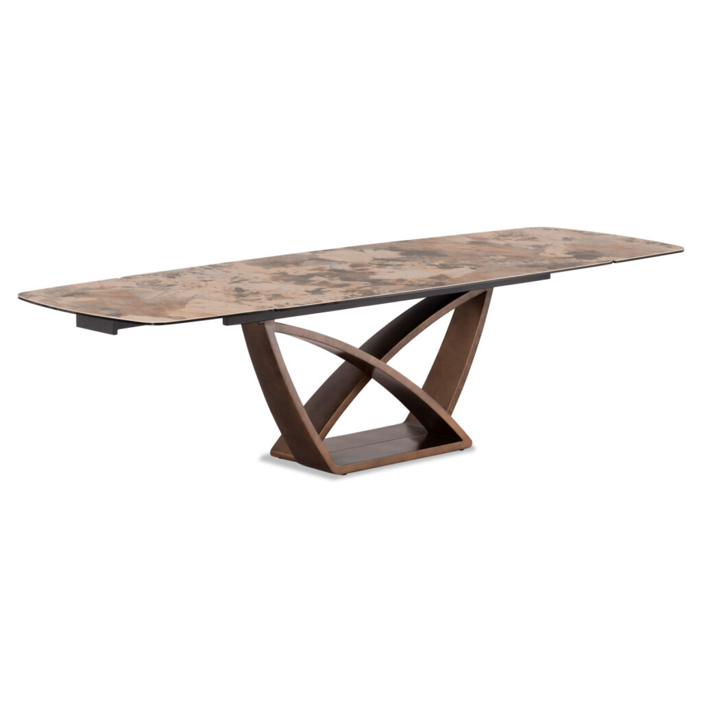 SYMETRON presents the new dining table “EMPIRE”! With incomparable quality of construction materials, but also a unique finish and assembly process, the “EMPIRE” will be the reference point in every space, wonderfully combining practicality with luxury. It is extendable with easy-to-use extension mechanisms while the tabletop is ceramic with a MIXED MARBLE look, laminated with an additional 10mm glass! The metal frame and the legs with the beautiful design in brushed COPPER color complete the picture and enhance the luxury that is evident in every inch of this table!