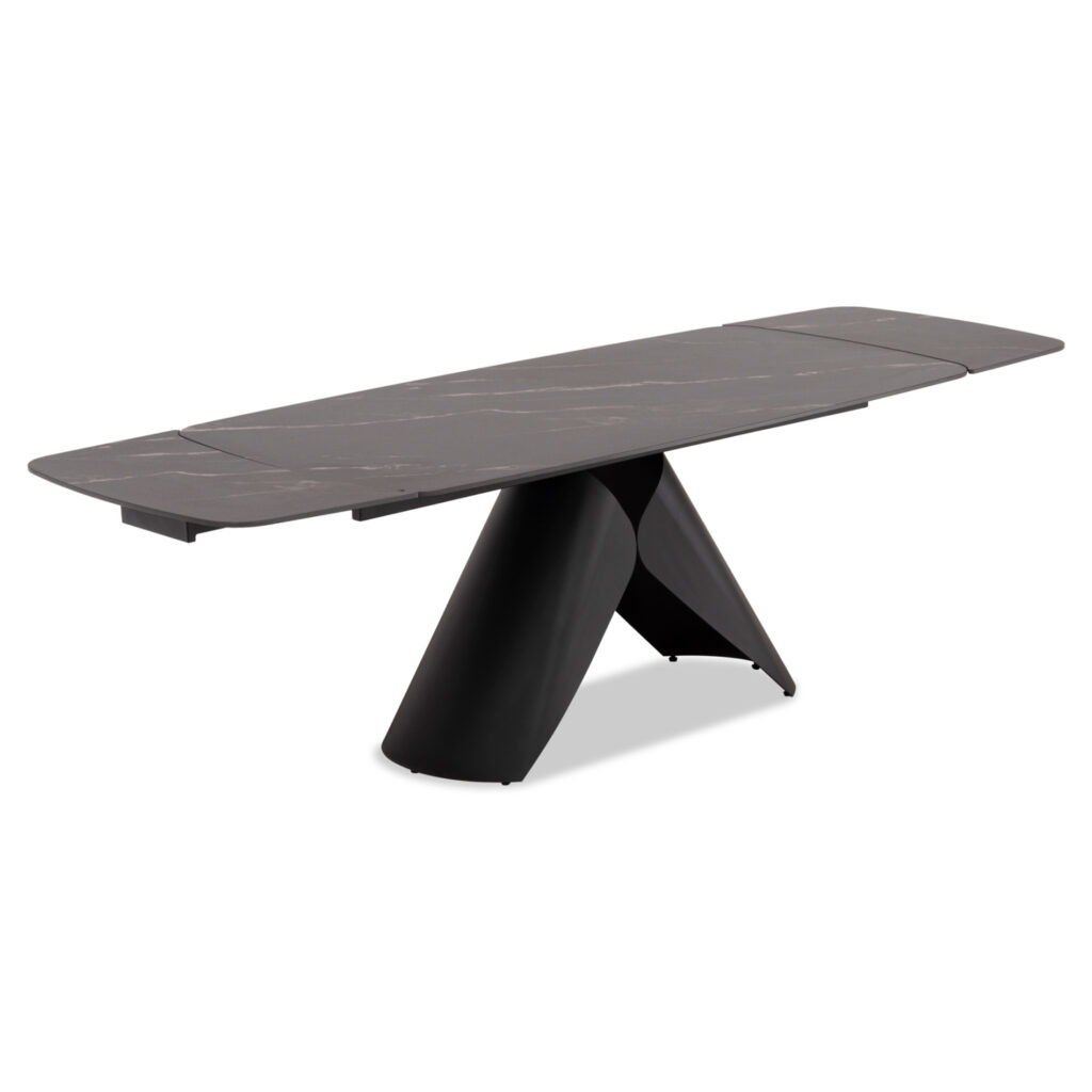 SYMETRON presents “HYPERION”! A new dining table that came to “steal” the show. With incomparable quality of construction materials, but also a unique finish and assembly process, it will be the reference point in every space. This particular dining table, therefore, wonderfully combines practicality with luxury. It is extendable with easy-to-use extension mechanisms while the tabletop is ceramic in BLACK jade coloring! The (powder coated) metal frame and the legs with the amazing design in BLACK color complete the picture and enhance the luxury that is evident in every inch of this table!