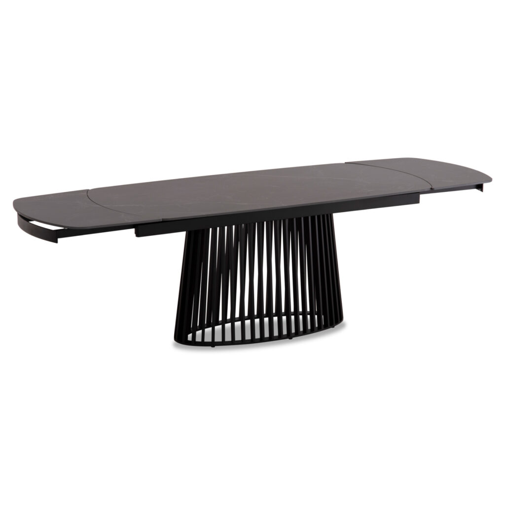 SYMETRON presents the new series of indoor furniture, MEMNON! A series that came to create new standards in the category. With incomparable quality of construction materials, but also a unique finish and assembly process, the MEMNON series will be the reference point in every space. This particular dining table, therefore, wonderfully combines practicality with luxury. It is extendable with easy-to-use extension mechanisms while the tabletop is ceramic with a BLACK MARBLE look! The (powder coated) metal frame and the oval base with the amazing design in BLACK color complete the picture and enhance the luxury that is evident in every inch of this table!