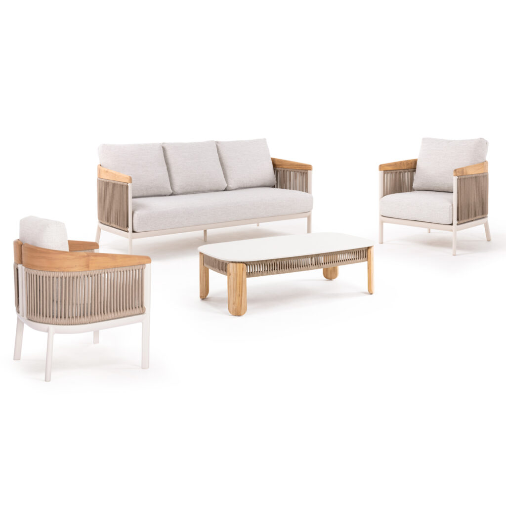 We present to you the excellent 4-piece outdoor lounge set of the ETHEREAL series. A series that, together with others, raises the bar of quality and aesthetics that we offer you, both for the home and for any professional space! With unparalleled quality of construction and materials, it will upgrade the image in any space you wish. It consists of a 3-seater sofa, 2 armchairs and a coffee table. The frame is made of aluminum in IVORY color with cushions in BEIGE color. The details with teak wood and rope is another touch of luxury in the whole set, while the sintered stone tabletop elevates the quality of the whole composition!
