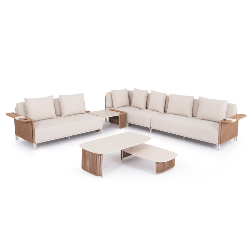 We present to you the excellent polymorphic (multiform) 6-piece outdoor lounge set of the AURORA series. A series that, together with others, raises the bar of quality and aesthetics that we offer you, both for the home and for any professional space! With unparalleled quality of construction and materials, it will upgrade the image in any space you wish. It consists of a 2-seater sofa (2), 1 armchair, a corner piece, and 2 coffee tables. Place the pieces as you like and create the arrangement that suits your space! The frame is made of aluminum in IVORY color with cushions in the same color. The lining in the arms and coffee tables with P.E. wicker is another touch of luxury in the whole set, while the sintered stone tabletops elevate the quality of the whole composition!