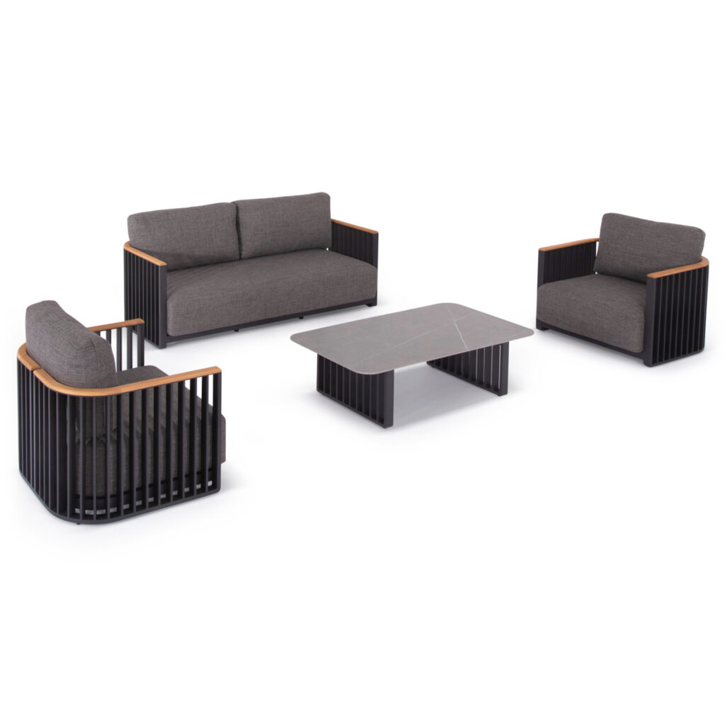 We present to you the excellent 4-piece outdoor lounge set of the ETERNITY series. A series that, together with others, raises the bar of quality and aesthetics that we offer you, both for the home and for any professional space! With unparalleled quality of construction and materials, it will upgrade the image in any space you wish. It consists of a 2-seater sofa, 2 armchairs and a coffee table. The frame is made of aluminum in ANTHRACITE color with cushions in LIGHT GRAY color. The upholstery on the arms with teak wood is another touch of luxury in the whole set, while the sintered stone tabletop elevates the quality of the whole composition!
