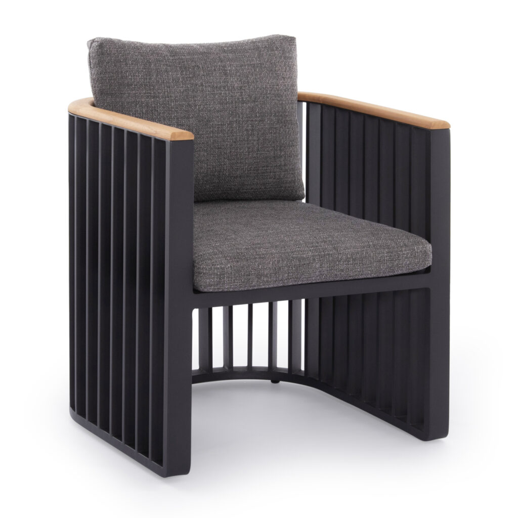 We present to you an exceptional outdoor dining armchair of the ETERNITY series. A series that, together with others, raises the bar of quality and aesthetics that we offer you, both for the home and for any professional space! With unparalleled quality of construction and materials, it will upgrade the image in any space you wish. The frame is made of aluminum in ANTHRACITE color and the cushions are in LIGHT GREY color. The teak-upholstered armrests are another touch of luxury in this unique armchair.