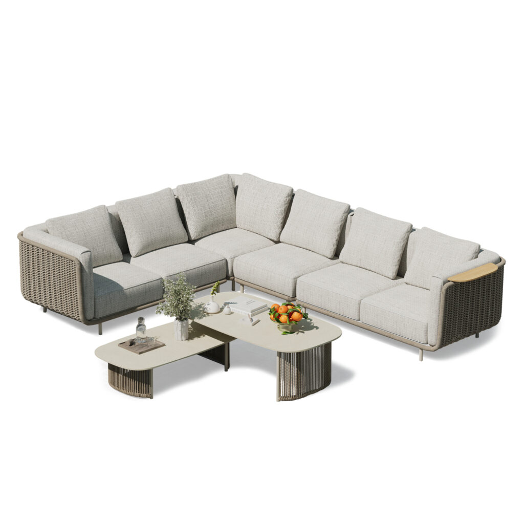 The 6-piece outdoor lounge set of the NEXUS series also belongs to SYMETRON. A collection of excellent furniture series that raise the bar of quality and aesthetics that we offer to you, both for the home and for any similar professional space! It consists of 2 two-seat pieces, a single piece and a corner piece that binds the set and gives it the shape of the corner. Of course, the set is completed with a 2-level coffee table with sintered stone tabletops and a very practical side table with a teak wood top that can be placed at both ends of the corner. The frame is made of aluminum in IVORY color with cushions in BEIGE color. The twisted wicker is another touch of luxury in the whole set and elevates the quality of the whole composition!