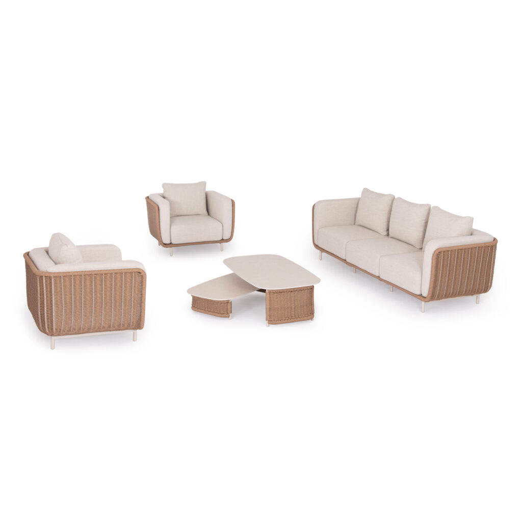 This 4-piece outdoor lounge set of the NEXUS series also belongs to SYMETRON. A collection of excellent furniture series that raise the bar of quality and aesthetics that we offer to you, both for the home and for any similar professional space! It consists of 2 comfortable armchairs, a 3-seater sofa and, of course, a 2-level coffee table with sintered stone tabletops. The frame is made of aluminum in IVORY color with cushions in BEIGE color. The twisted wicker is another touch of luxury in the whole set and elevates the quality of the whole composition!