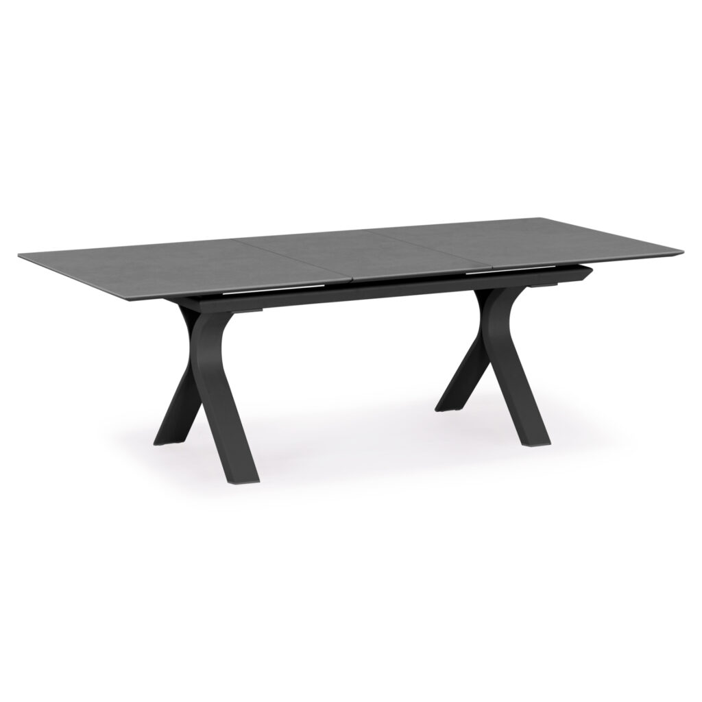 We present to you an impressive rectangular outdoor dining table of the ANDROMEDA series with an aluminum frame in DARK GREY color. This series, together with the other new SYMETRON series, raises the bar of quality and aesthetics that we offer you, both for the home and for any professional space! With unparalleled quality of construction and materials, it will upgrade the image in any space you wish. The SINTERED STONE tabletop in the same color as the frame stands out in this table, but the most important thing is that the table is expandable! With a simple move from just ONE side of the table, you can extend it, thanks to its easy-to-use mechanism.