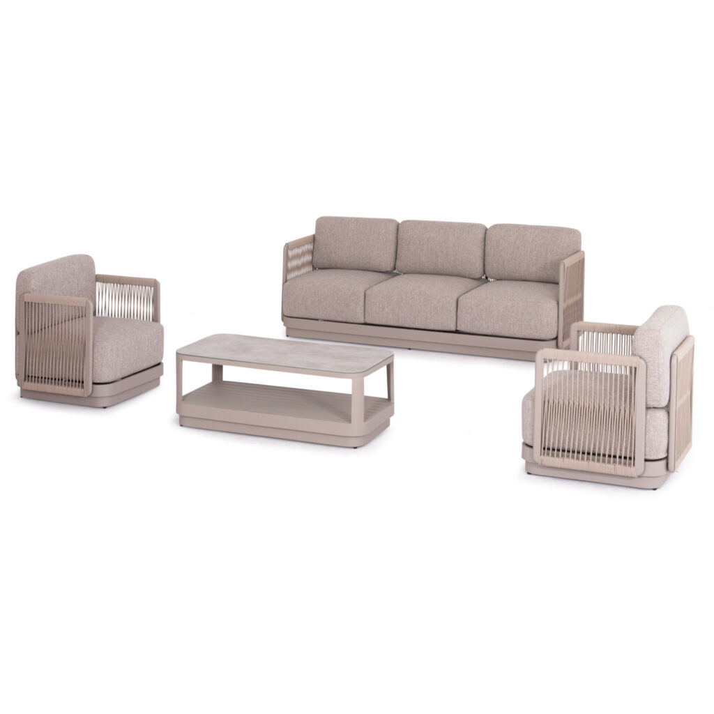 The ELYSIA series, like the rest of SYMETRON, is bliss to the eye of the beholder! It consists of a 3-seater sofa, a coffee table, and 2 comfortable armchairs. The frame is made of aluminum in CHAMPAGNE color with cushions in the same color. The polyester fabric, the rope of the upholstery and the aluminum tabletop on the coffee table with a stone look elevate the whole composition in quality! The aesthetics and the unique finish of every inch of this set will make you simply enjoy every moment!