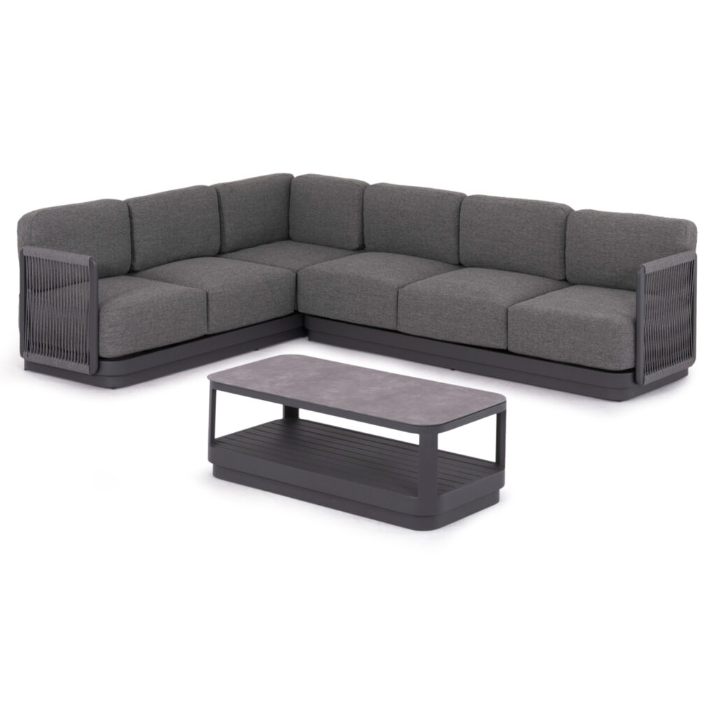 The ELYSIA series, like the rest of SYMETRON, came along and with its simplicity combined with the unparalleled quality of its materials and its finish, became the game-changer in the category. This corner composition consists of two 3-seater sofas (one sofa with a single armrest, and the other with one of the two armrests in the form of a cushion) and a coffee table. The frame is made of aluminum in a DARK GREY color with cushions in the same color. The polyester fabric, the rope on the armrests and the aluminum surface on the coffee table with a stone look elevate the quality of the entire composition! The aesthetics and the unique finish of every inch of this set will make you simply enjoy every moment!