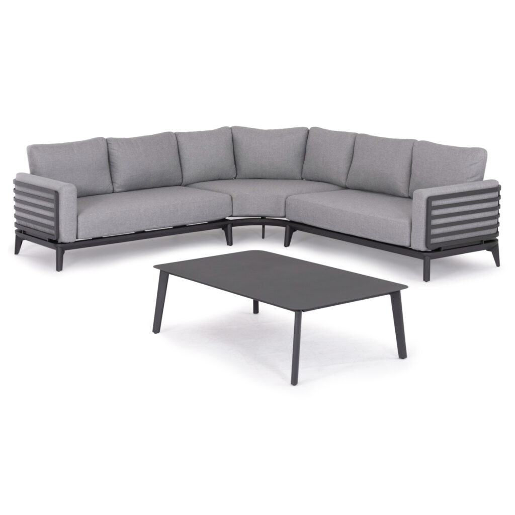 The ORION CORNER outdoor corner lounge set is the epitome of luxury combined with unparalleled quality. It consists of two 2-seater sofas, a corner to tie the set together, and a coffee table. The frame is made of DARK GREY aluminum with cushions in the same color. The aesthetics and the unique finish of every inch of this set will make you simply enjoy every moment!