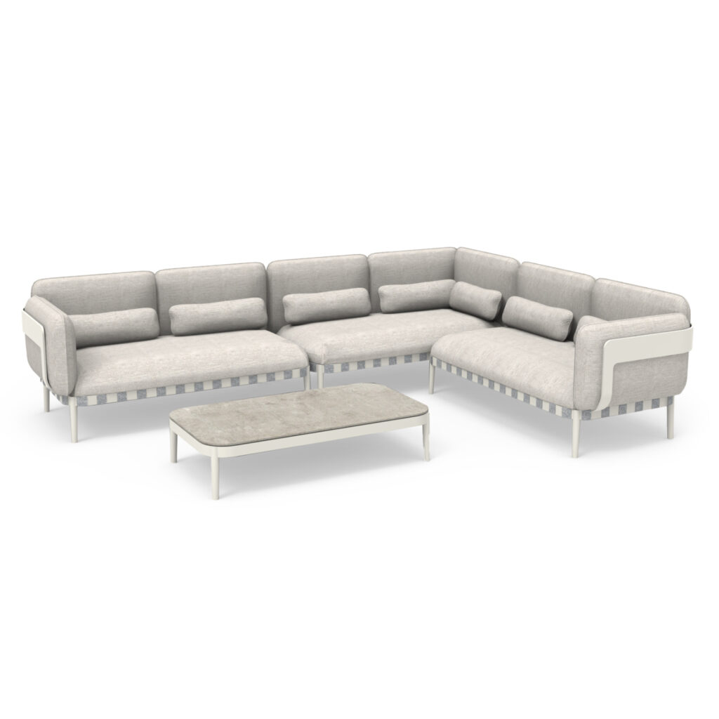 The PEGASUS series is here and with its simplicity combined with the unparalleled quality of its materials and the impeccable assembly, changes the status quo in the category. It consists of three 2-seater sofas, one of which is in the form of a corner to tie the whole set, and a coffee table. The frame is made of aluminum in a CREAM WHITE color with cushions in BEIGE color. The details with the rope are another touch of luxury in the whole set, while the top on the table made of 3D printed glass in LIGHT GREY color elevates the quality of the whole composition!