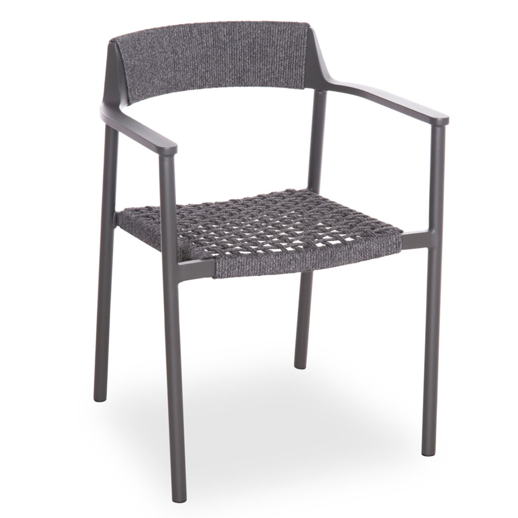HELIA is a luxurious but at the same time simple and discreet dining chair for outdoor spaces. Made of aluminum and P.E. rope in DARK GRAY color, it is an example of unparalleled quality without exaggerations in aesthetics!