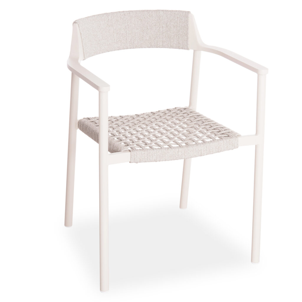 HELIA is a luxurious but at the same time simple and discreet dining chair for outdoor spaces. Made of aluminum in CREAM WHITE color and P.E. rope in BEIGE color, it is an example of unparalleled quality without exaggerations in aesthetics!