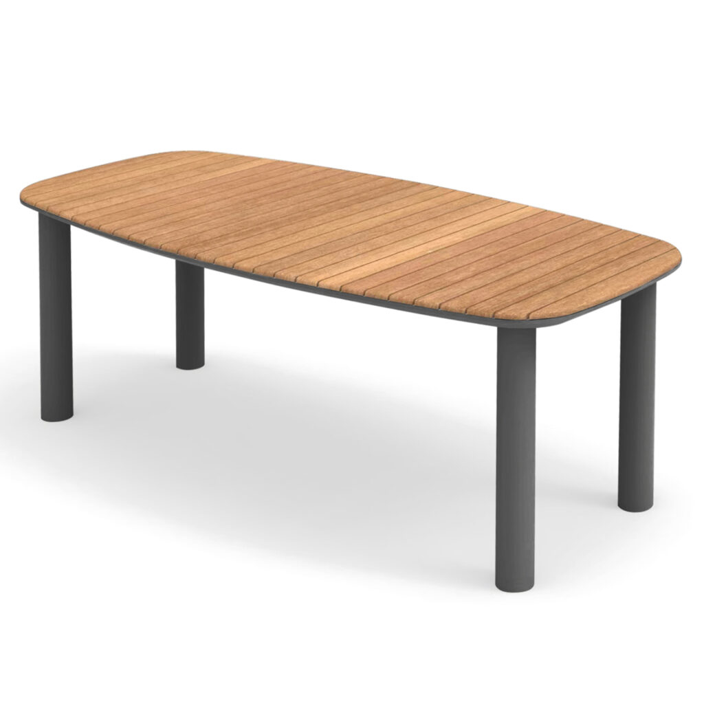 This EUTOPIA series dining table is rectangular with slightly curved sides with an aluminum frame in a GREY shade and with 4 cylindrical legs/pillars. The tabletop is made of teak wood in NATURAL color. It is a beautiful table in relatively large dimensions, part of a series that came to bring to the fore the incomparable quality of materials combined with beautiful aesthetics.