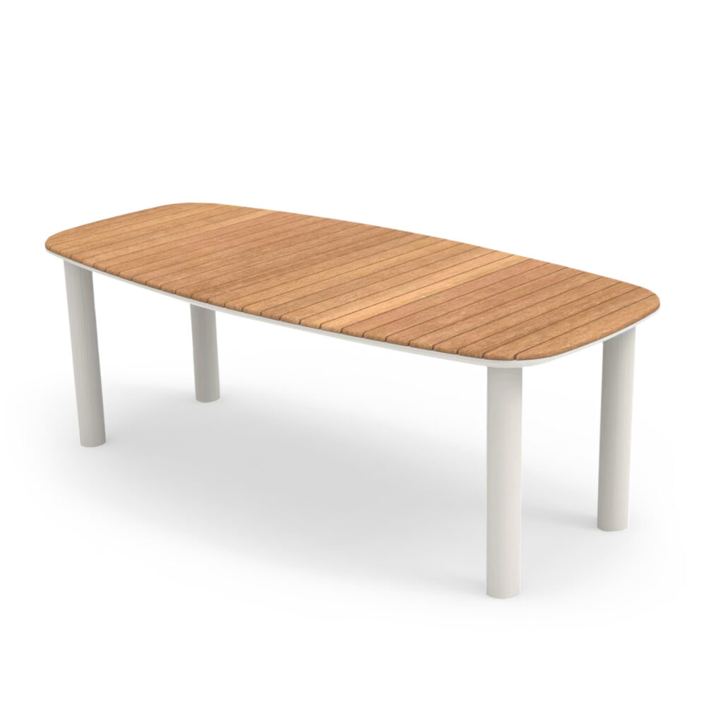 This EUTOPIA series dining table is rectangular with slightly curved sides with an aluminum frame in a CREAM shade and with 4 cylindrical legs/pillars. The tabletop is made of teak wood in NATURAL color. It is a beautiful table in relatively large dimensions, part of a series that came to bring to the fore the incomparable quality of materials combined with beautiful aesthetics.