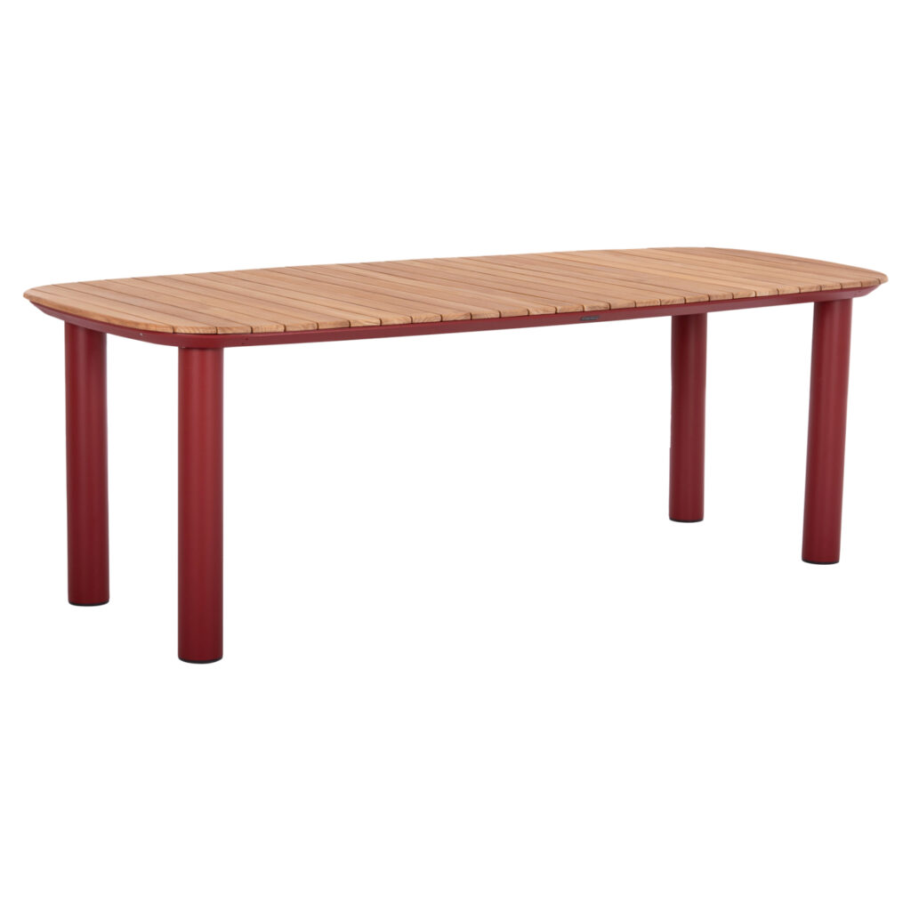 This EUTOPIA series dining table is rectangular with slightly curved sides with an aluminum frame in a RED shade and with 4 cylindrical legs/pillars. The tabletop is made of teak wood in NATURAL color. It is a beautiful table in relatively large dimensions, part of a series that came to bring to the fore the incomparable quality of materials combined with beautiful aesthetics.