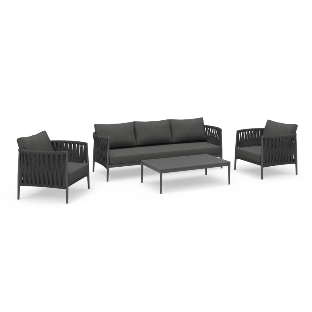 The POLARIS series, like the rest of SYMETRON, came along and with its simplicity combined with the unparalleled quality of its materials and finish, becomes the game-changer in the category. It consists of a 3-seater sofa, a coffee table, and 2 comfortable armchairs. The frames are made of aluminum in a DARK GREY color with cushions in the same color. The upholstery with the straps is another touch of luxury to the entire set, while the coffee table made entirely of aluminum pinpoints to the quality of the entire composition!