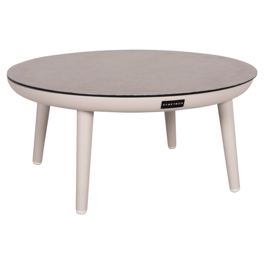 This low outdoor coffee table from the ZODIAC series is round with an aluminum frame in CREAM WHITE and 4 elegant legs. The top is made of 3D printed glass in light GREY. It is also part of a series that came to bring to the fore the incomparable quality of materials combined with beautiful aesthetics.