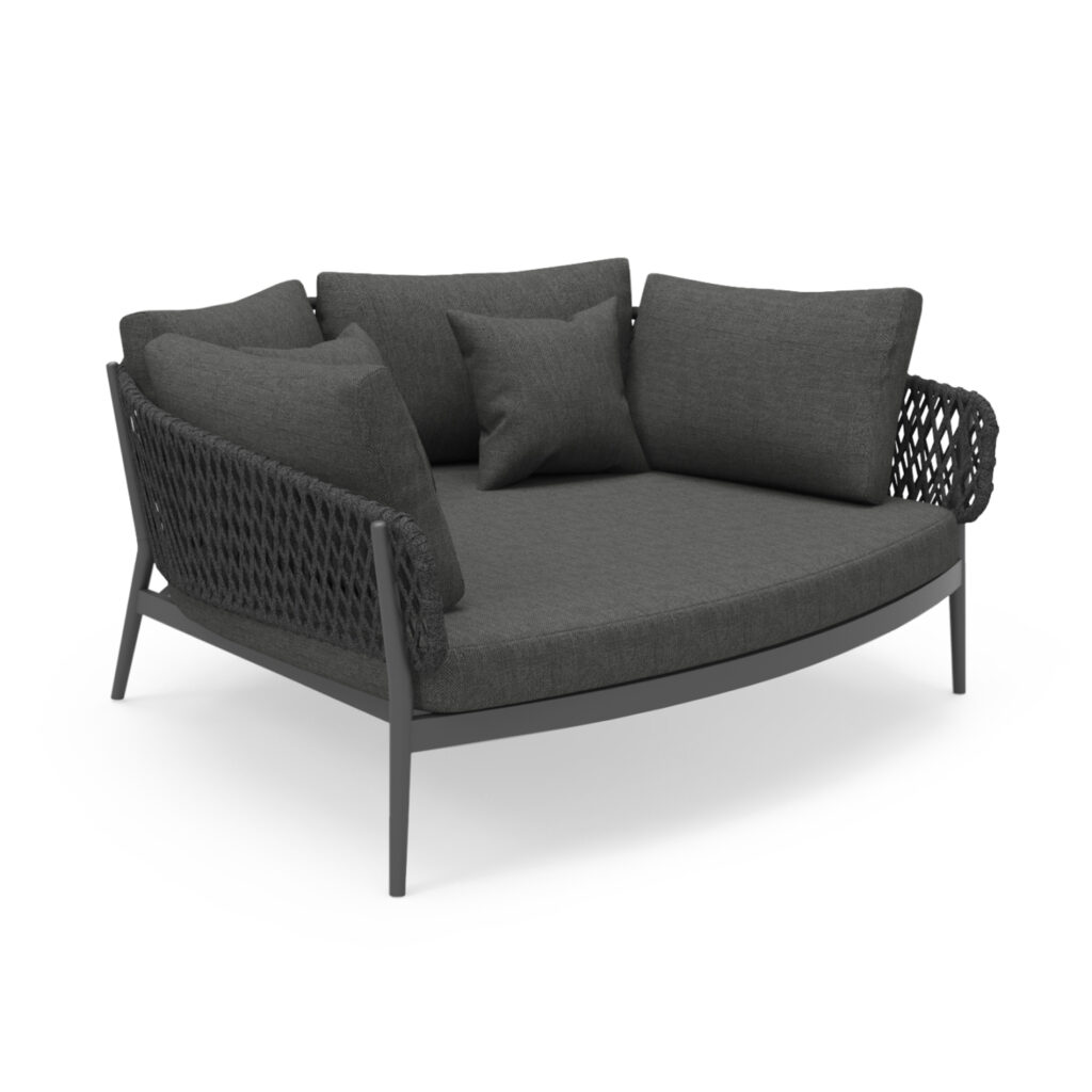SYMETRON presents the luxurious outdoor 2-seater daybed of the CAMELLIA series. A series that, together with others, raises the bar of quality and aesthetics that we offer you, both for the home and for any professional space! With unparalleled quality of construction and materials, it will upgrade the image in any space you wish. Aluminum, polyester rope (straps) and OLEFIN cushion covers, all in DARK GREY, make up a proposal that is impossible to resist.