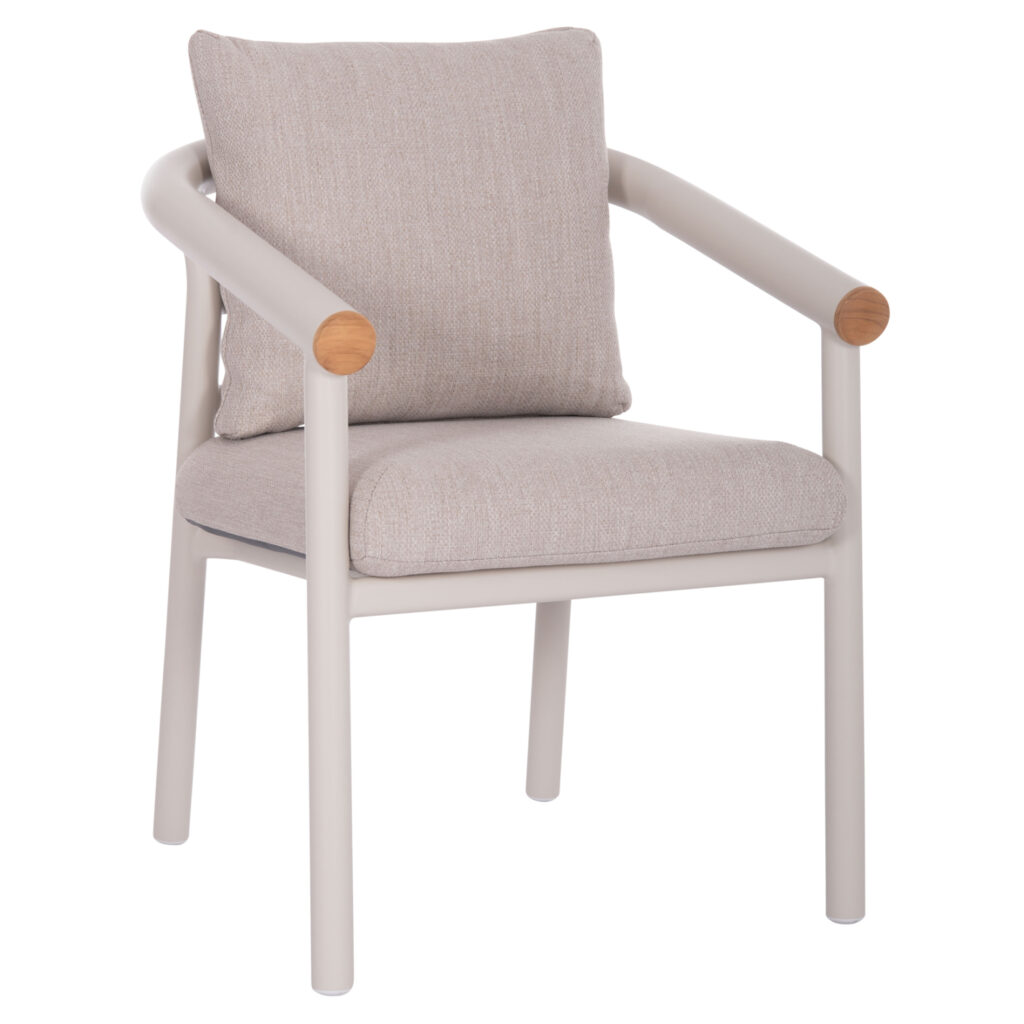 The aluminum dining armchair of the EUTOPIA series in CREAM WHITE color has a semicircular back and has back and seat cushions covered with OLEFIN fabric, in BEIGE color. The “touch” with the wooden details on the ends of the arms add to the uniqueness of this armchair.