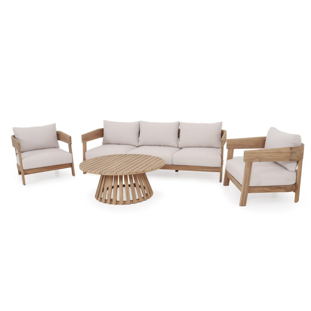 The “HERMANO” outdoor lounge set is the epitome of luxury combined with unparalleled quality. It consists of one 3-seater sofa, 2 lounge armchairs, and a round coffee table with a conical base. The frames are made of acacia wood in NATURAL color with BEIGE color cushions, thus creating a combination of earthy colors which offer a “warm” look to the set.





** The color rendering of the product may differ slightly from its photographic representation on your screen.