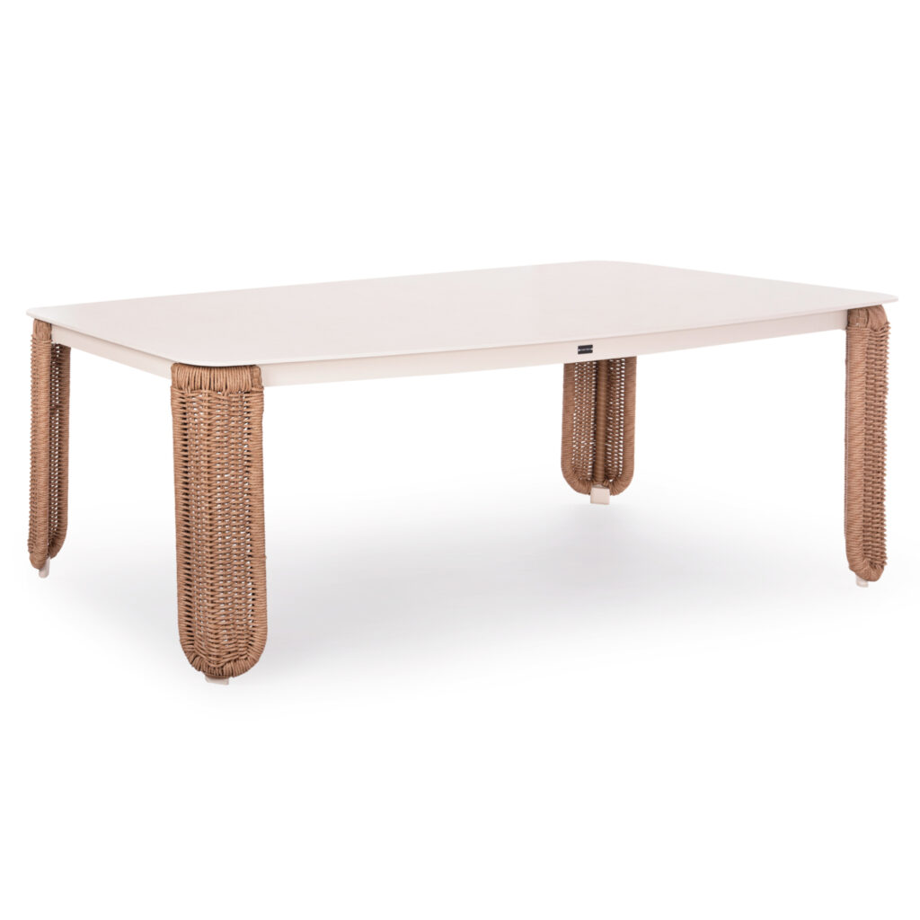We present to you a very special and large outdoor dining table of the DESTINY series with BEIGE twisted wicker covered legs and IVORY colored SINTERED STONE tabletop. A series that, together with others, raises the bar of quality and aesthetics that we offer you, both for the home and for any professional space! With unparalleled quality of construction and materials, it will upgrade the image in any space you wish.