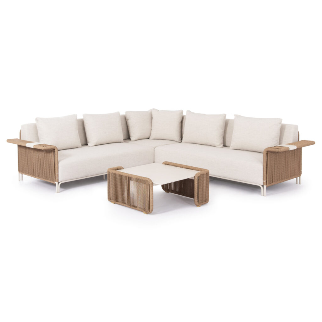 We present to you the excellent 2-piece outdoor lounge corner set of the AURORA series. A series that, together with others, raises the bar of quality and aesthetics that we offer you, both for the home and for any professional space! With unparalleled quality of construction and materials, it will upgrade the image in any space you wish. It consists of 2-seater sofas (2), a corner piece, and 1 coffee table. The frame is made of aluminum in IVORY color with cushions in the same color. The lining in the arms and coffee tables with P.E. wicker is another touch of luxury in the whole set, while the sintered stone tabletops elevate the quality of the whole composition!