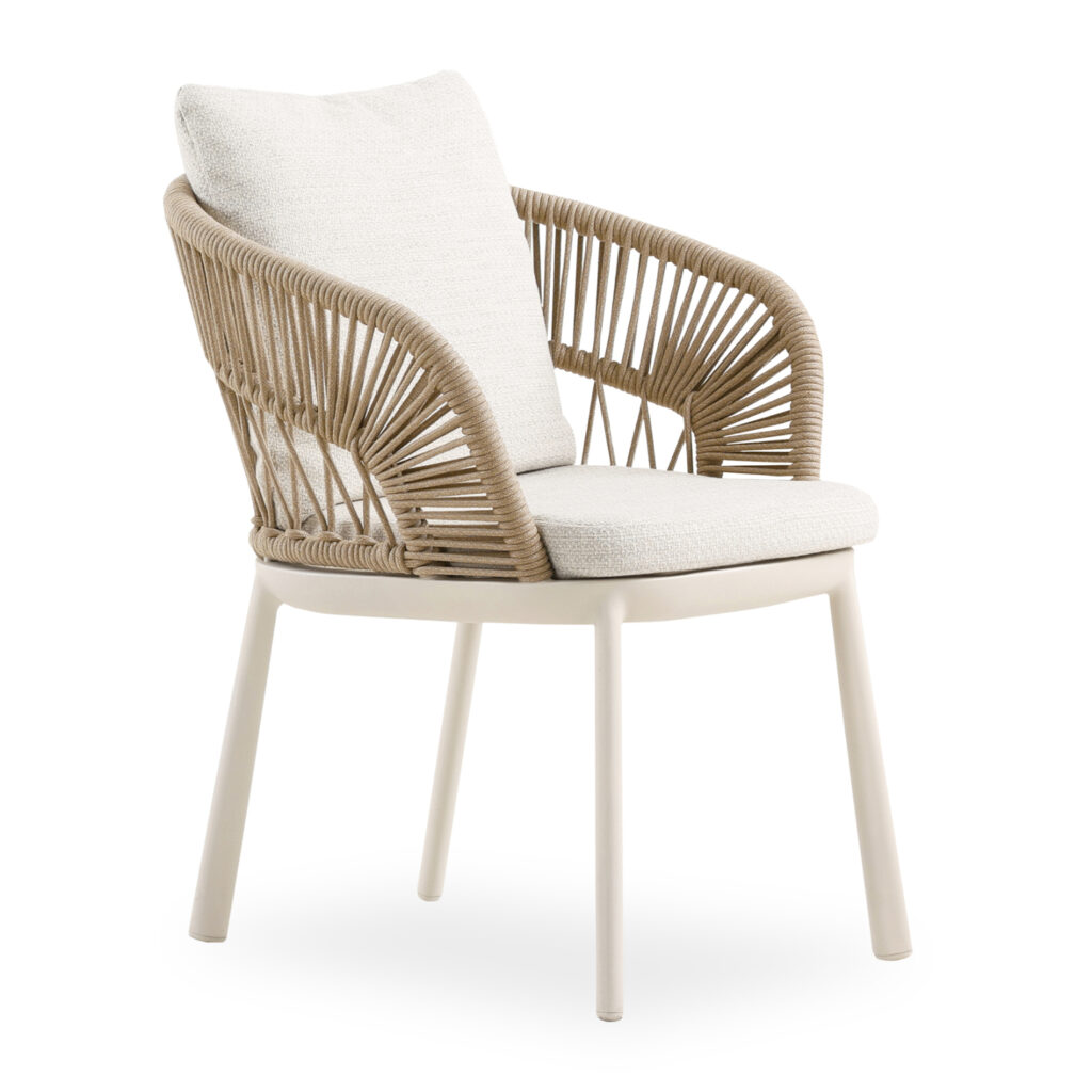 MORFES presents the new dining armchair SPACER. Made of aluminum, it is lightweight and durable, ideal for outdoor spaces. The single seat-back frame is upholstered in beautifully woven rope, and features cushions on both the seat and back. The color of the frame is Ivory, while the rope is in natural color and the cushion covers are BEIGE.





** The color rendering of the product may differ slightly from its photographic representation on your screen.