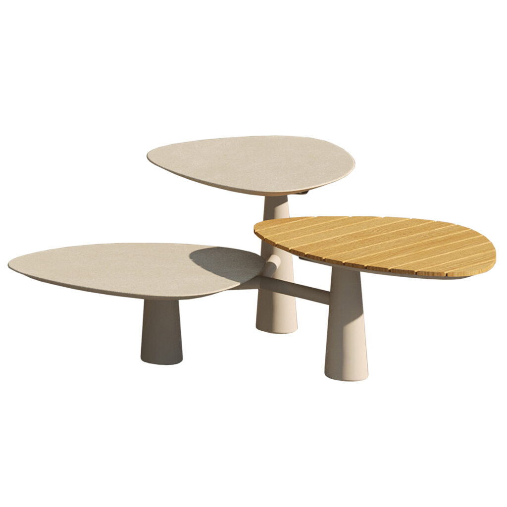 We present to you the impressive outdoor coffee table TRIPPEL. It is entirely made of aluminum in IVORY color (cream), and essentially consists of 3 tabletops at different heights, one of which is made of imitate wood in Belgian Teak color. Unique design and combination of colors and materials that only MORFES can offer you!





** The color rendering of the product may differ slightly from its photographic representation on your screen.