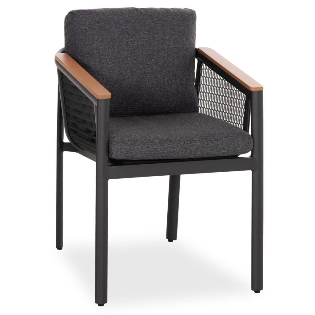 “ZEFYR” is a beautiful dining chair, mainly, for outdoor spaces. Its frame is made of aluminum in DARK GREY color while it also has back and seat cushions upholstered with polyester fabric in the same color. However, what makes it stand out is the mesh fabric (perforated) on the sides of the seat and the cover of the armrests with eucalyptus wood! Unparalleled style and superior quality that attract attention!





** The color rendering of the product may differ slightly from its photographic representation on your screen.
